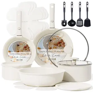 19pcs Pots And Pans Set Non Stick  Cookware Sets Kitchen Oven/fridge Safe Space Saving Nonstick Cooking With Versatile Detachable Handle Induction Rv Cream White