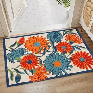 Vibrant Artistic Floral Rug, suitable for living room, bedroom, dining room, aesthetic furniture decor, non-slip rubber backing