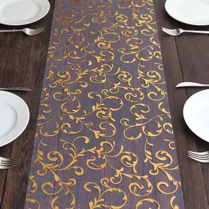 Sheer Organza Table Runner Roll 12"x108" Metallic Gold Foil Embossed Floral Design - Stylish Disposable Event Decoration