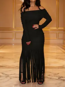 Women's Off Shoulder Fringe Trim Bodycon Dress, Elegant Fashion Long Sleeve Dress for Party Club Dating Wear, Ladies Dress for All Seasons Elegance