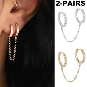 Silver and gold ladies long chain earrings Synthetic zircon personality two-hole elegant earrings fashion jewelry gift for women for festivals weddings parties