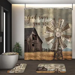 LVRLVR 4pcs God Says You Are Windmill Barn Rustic Farmhouse Inspirational Bathroom Set with Shower Curtain, Bath Rugs and Hooks - Shower Curtain Sets - Shower Essentials - 70.8"×70.8" (180×180cm)