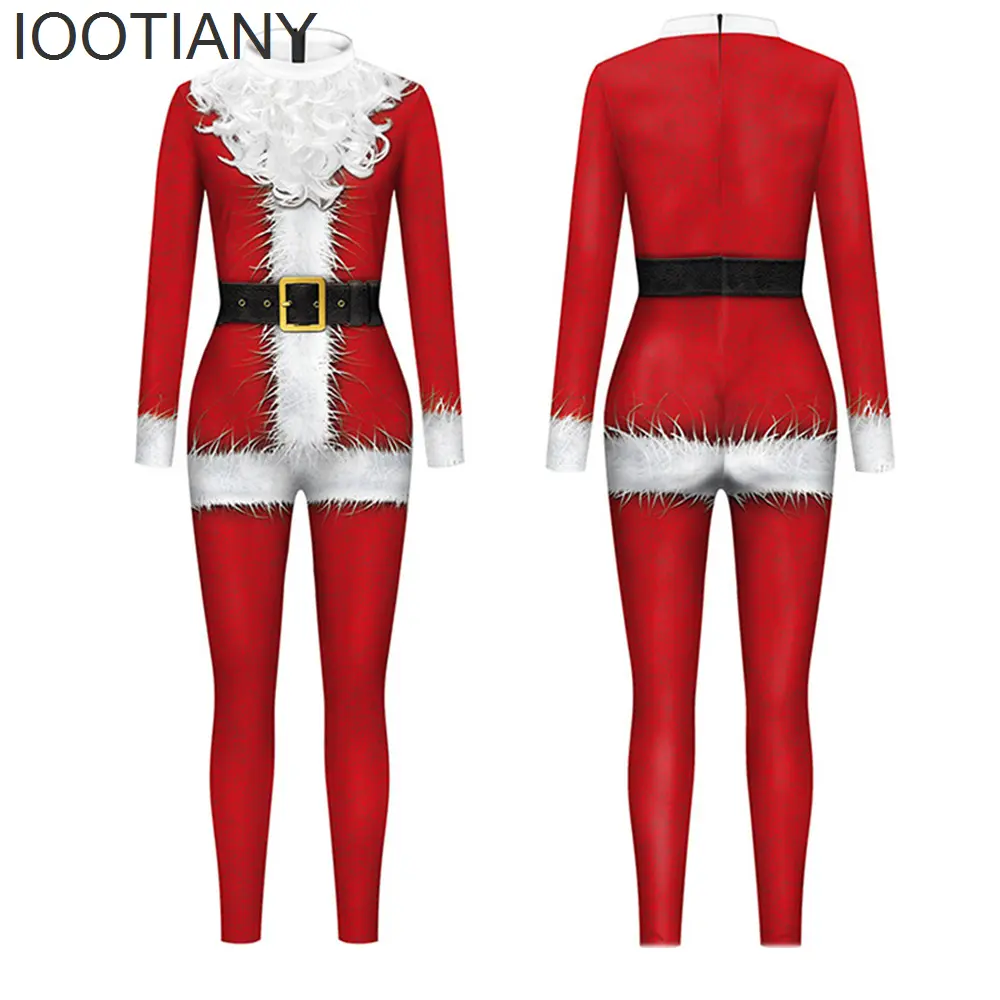 IOOTIANY Women/Men Santa Claus Print Cosplay Costume Sexy Jumpsuit Bodysuit Adult Carnival Party Clothing monos mujer Xmas
