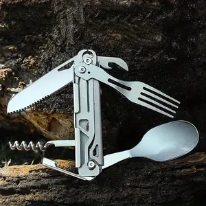 1 Pc 6 In 1 Multifunctional Folding Outdoor Tableware Camping Portable Meal Knife Fork Spoon Bottle Outdoor Camping Cookware