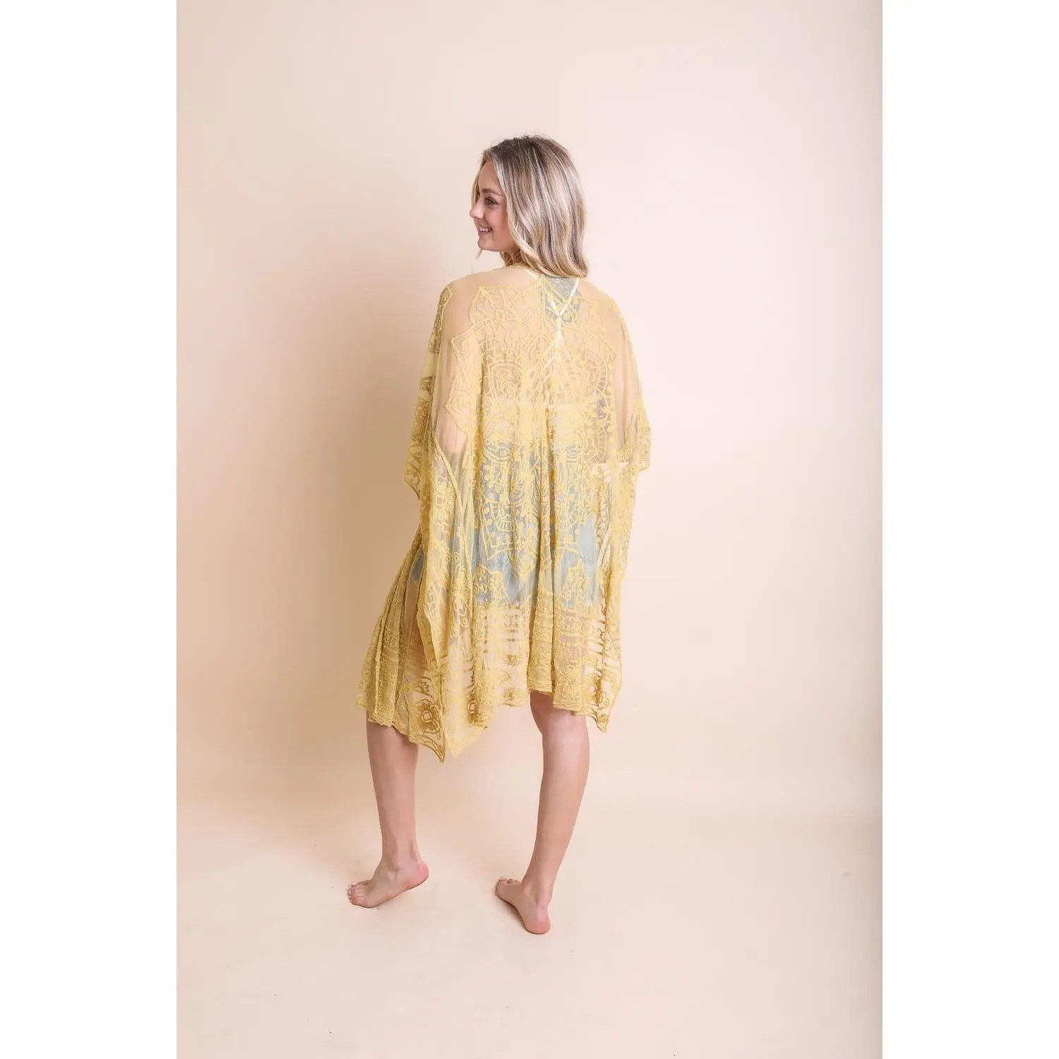 Women Floral Mandala Mesh Kimono Cardigan Boho Lightweight Beach Cover Up, Sheer Open Front Duster Jacket for Summer, Festival & Resort Wear