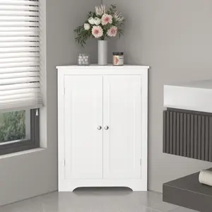 White Floor Corner Cabinet with 2 Doors & Adjustable Shelves