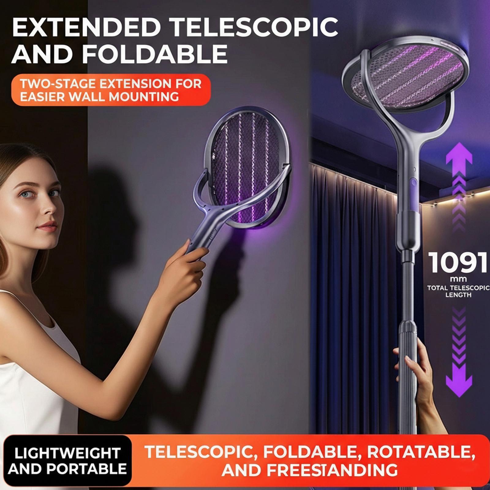 New Arrival Retractable Extended Electric Fly Swatter Racket USB Rechargeable Mosquito Zapper Lamp For Home Bedroom Outdoor Powerful Insect Killer