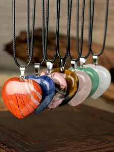 Natural Stone Heart Necklaces | Rose Quartz/Tiger Eye Healing Pendants, Heart Shaped Pendant on Black Cord - Boho Cute Valentine Jewelry for Women, Crystal Pendant