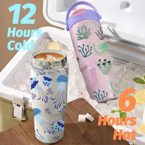 PIKPAKA Jellyfish Pattern Vacuum Flasks 700ml Ceramic Lined Tumbler with Tea Infuser & Hidden Straw, Vacuum Insulated Travel Mug, Long Cold Retention Coffee Water Bottle with Handle & Non-Slip Base