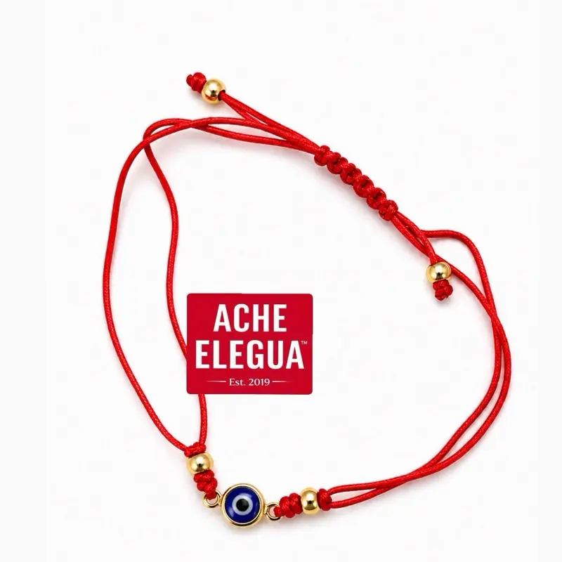 Ache Elegua Red String Bracelet with Gold Beads and Evil Eye Blue Charm for Protection and Style - Vibrant Look & Luxurious Touch