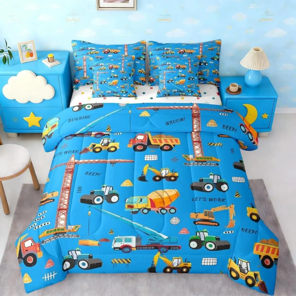 Blue Excavator 7 Piece Bedding Set,Construction Truck Comforter Bed Set with Sheets,Equipment Bulldozer Crane Bed Bag,Tractor Machinery Vehicle Comforter