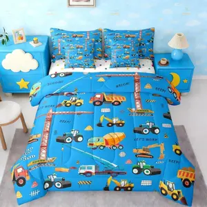 Blue Excavator 7 Piece Bedding Set,Construction Truck Comforter Bed Set with Sheets,Equipment Bulldozer Crane Bed Bag,Tractor Machinery Vehicle Comforter