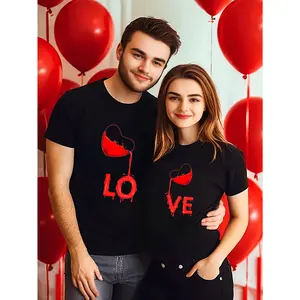 Couples' Round Neck Short-Sleeve Casual Sports Tops - Single Pack LOVE Matching Lady's & Men's Clothes, Ideal Valentine's Day Gift
