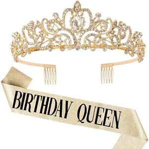 "Birthday Queen" Sash & Rhinestone Tiara Set for Women Birthday Decoration Kit Headband for Girl Glitter Crystal Hair Accessories for Party Cake Topper
