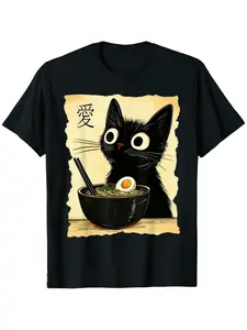 Vintage Cat Ramen Love Print Short Sleeve Round Neck T-Shirt, Pure Cotton Breathable Loose Fit, Casual Home Wear for Anime Lovers