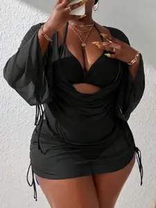 Plus Size 4-Piece Tankini Set - Bell Sleeve Ruched Swimsuit For Beach Summer