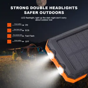 Strong Double Headlights Portable Solar Power Bank 10000mAh with Dual LED Flashlights for Travel Camping Halloween Gifts Eco-Friendly Compact Design