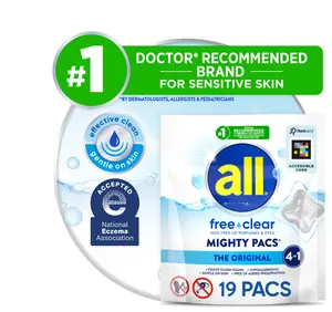all Mighty Pacs Laundry Detergent Pacs, Free Clear for Sensitive Skin, Unscented and Dye Free, 19 Count
