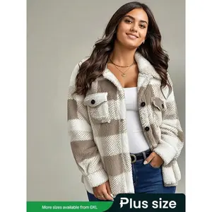 Women's Plaid Fleece Long Sleeve Coat, Casual Winter Outerwear, Thick Fabric, Warm and Cozy, Perfect for Cold Weather