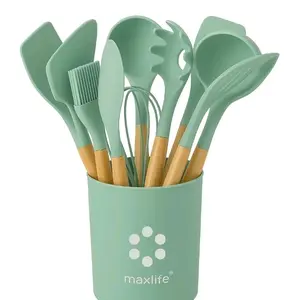 Max Life 12-Piece Silicone Kitchen Utensil Set – Wooden Handle & Holder – Green