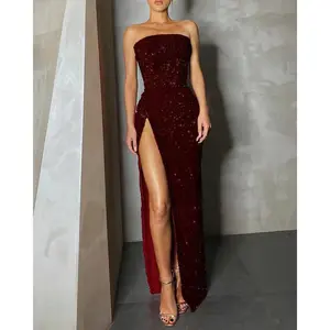 Sequin Sexy Split Off-Shoulder Strapless Dress Evening Gown Formal Womenswear Workwear Festival Party Basic Minimalist Red Sleeveless Dressy Silk