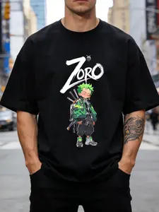 Plus Size Men's Clothing Anime Style Graphic T- Shirt with a Character of Green Spongey Hair, the Word 'ZORO' in Black Stroke Letters- Modern Design for Anime Fans- Comfortable and Cool T- Shirt.png