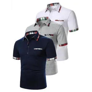 Men's Plaid Multicolor Patchwork Print Polo Shirt - Short-Sleeve, Regular Fit, Collared Top, Standard Sizes for Summer Daily Casual Menswear