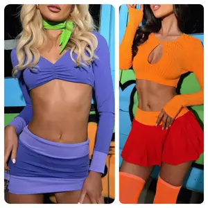Women Skirt Set, Long Sleeve V-neck Crop Top With Contrast Color Mini Bodycon Skirt Clubwear Summer Outfit ( Including A Complimentary Ribbon)
