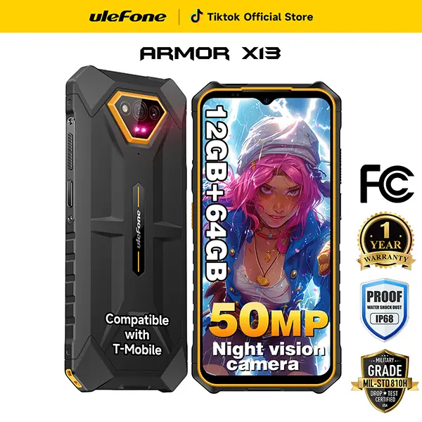 Ulefone Armor X13 Unlocked Rugged Android Cell Phones - 12GB(6GB+6GB Virtual RAM)+64GB, MTK Helio G36, Android 15, 50MP+24MP Night Vision Camera, 6.52in HD+, 6300mAh, Dual SIM 4G Waterproof Mobile Phone - Orange, Smartphone, Cellphone