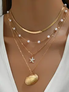 4 Pcs/Set 2026 New Women's Boho Beach Shell Necklace Ocean Shell Pendant Layered Choker Fashion Clavicle Chain Jewelry Set