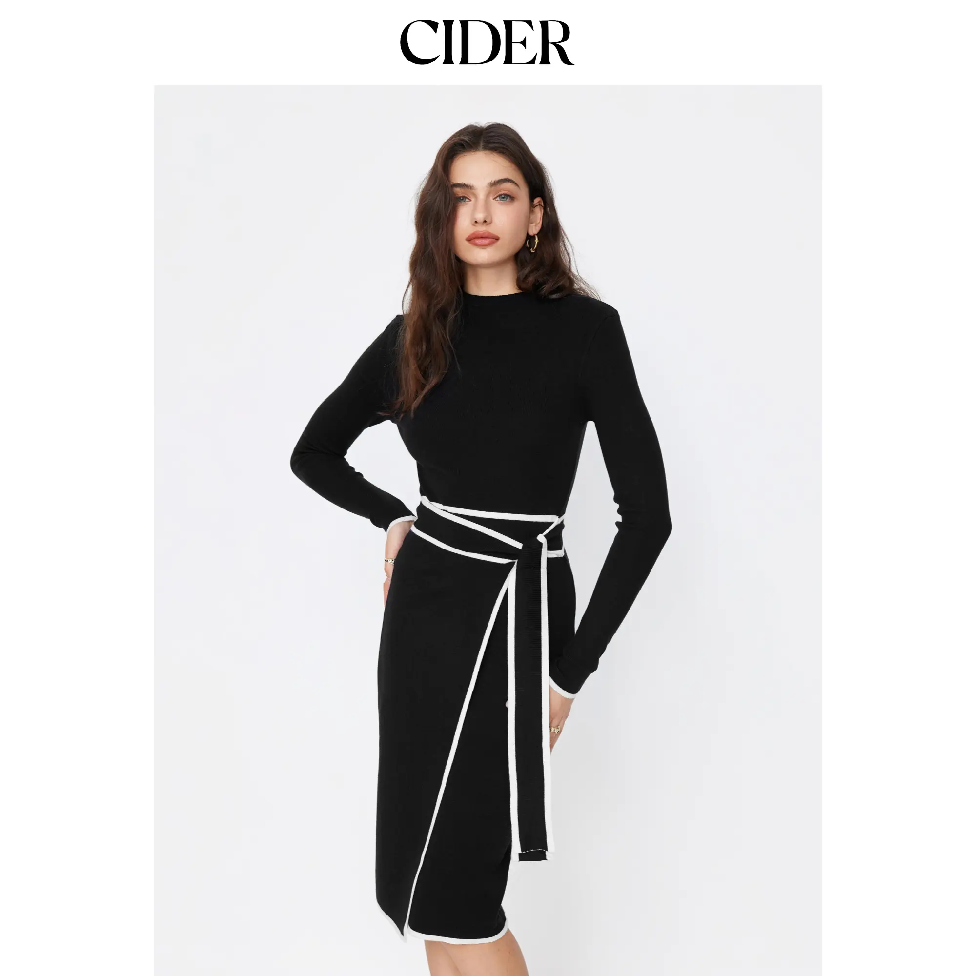 Cider Women's Ready-to-Wear Plain Fitted Turtleneck Belted Bowknot Knitted Maxi Dress, Daily Pull-On Casual Dress, Clean Minimalist Casual Dresses