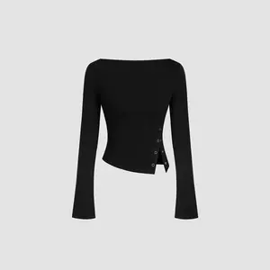 Cider [2 colors, size 2-10] Boat Neck Solid Button Long Sleeve Crop Top