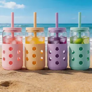 Mrsdry Glass Cups with Lids and Straws 4 Pcs, 16oz & 20oz Iced Coffee Glasses Set with Silicone Sleeves, Reusable Tumbler for Home Bar Accessories, Gift