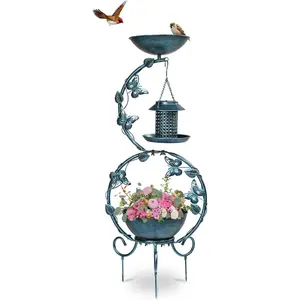 【Father's Day Gift】Outvita Bird Bath with Bird Bowl, Solar Bird Bath for Outside with Flower Planter Pedestal,Bird Feeder with Solar lamp for Garden Yard Lawn Decor (Blue) Summervibes