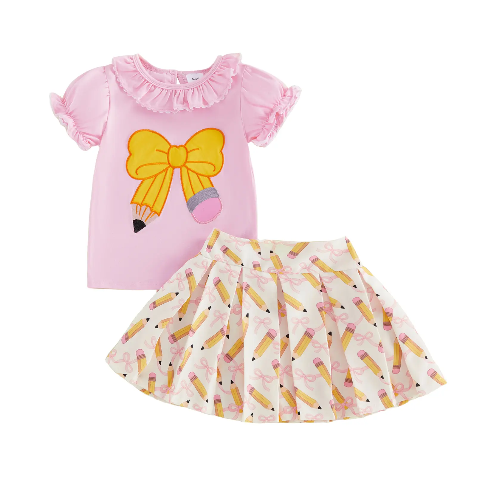 Toddler Baby Little Girls Back to School Outfit Pencil Bow Print Short Sleeves Tops + Pleated Skirt 2 Pcs Set 3-8 Years