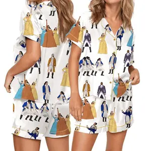 Luxury Hamilton Satin Pajama Set, Women’s Soft Silky Sleepwear, Printed Top & Bottoms, Stylish Lounge Outfit Gift for Fans