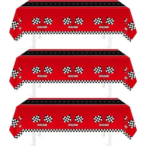 Childom 3Pcs Racing Car Plastic Tablecloth, Race Birthday Party Decorations, 54'' x 108'' Checkered Table Cloth Decor, Favors Rectangular Tablecloth for Boys Baby Shower Home