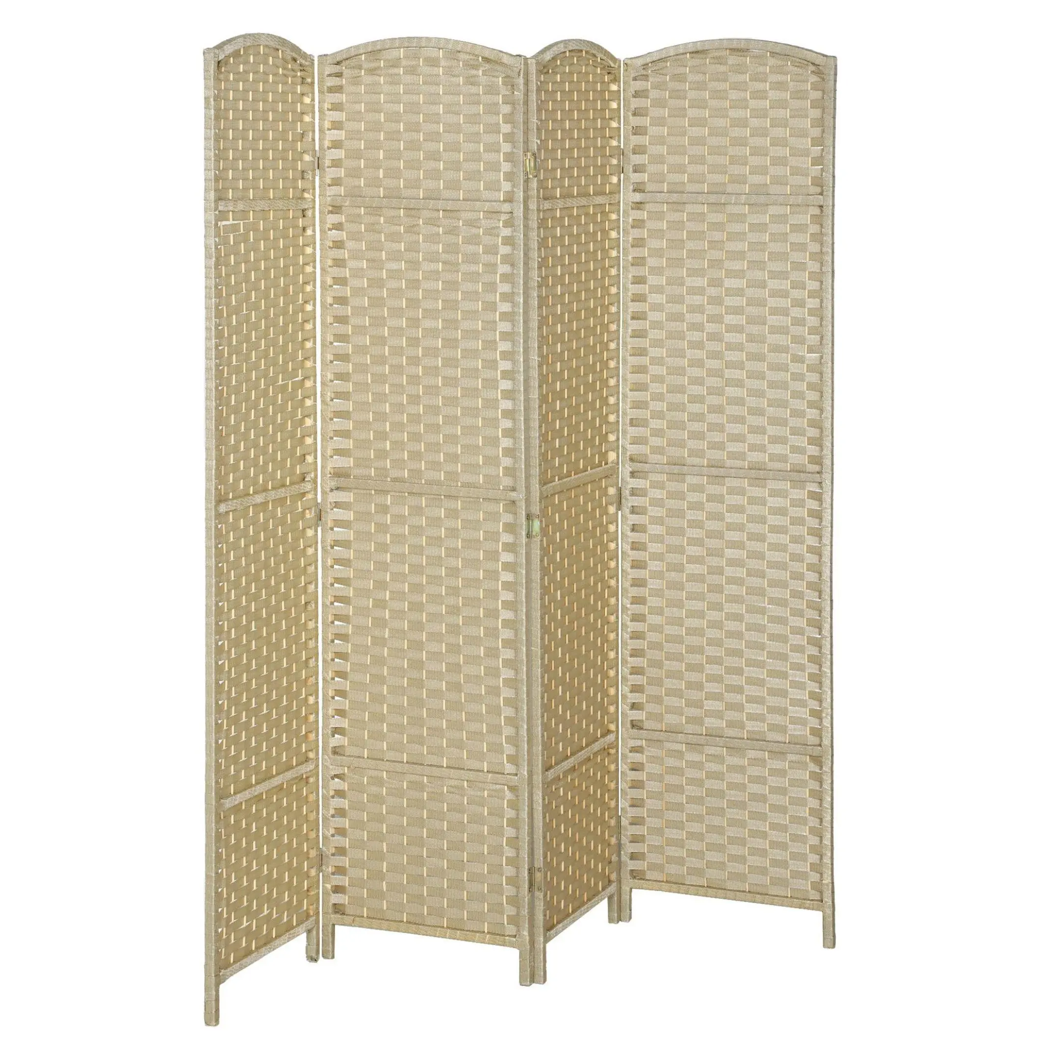 Beige Weave Texture 4-Panel Foldable Room Divider - 5.6 ft Height Sturdy Frame Freestanding Privacy Partition for Home, Office