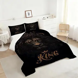Majestic Lion King Comforter Set, Fierce Dark-Themed Bedding Set with Royal Crown Design, Luxurious Red & Gold Accents, Perfect for Stylish Bedroom Decor, Includes 1 quilt, with 1 or 2 Pillowcase No Pillow Core