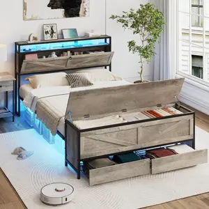 Vabches NO MATTRESS Bed Frame with Storage Ottoman and 2 Drawers, Farmhouse Metal Platform Bed with Headboard, LED Lights and Charging Station, No Box Spring Needed, Noise Free