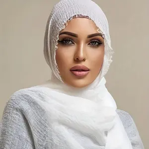 [Long Sunscreen Shawl Crinkle Hijab] Solid Color Crinkle Hijab Long Sunscreen Shawl Frayed Edge Wrap Classic Casual Turban For Women Scarf