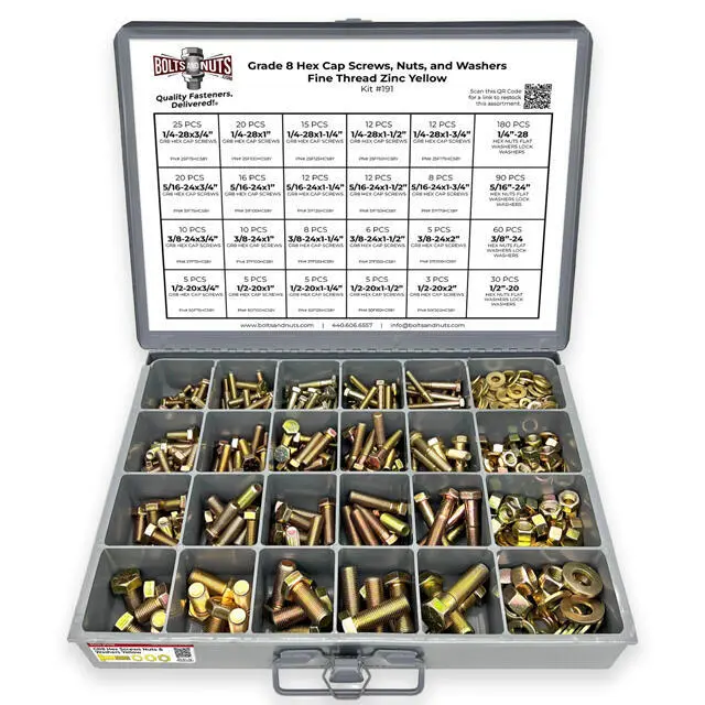 Inch Grade 8 Hex Cap Screws, Hex Nuts, Flat & Lock Washers Fine Thread Zinc Yellow 1/4", 5/16" 3/8", & 1/2" - 575 PCS