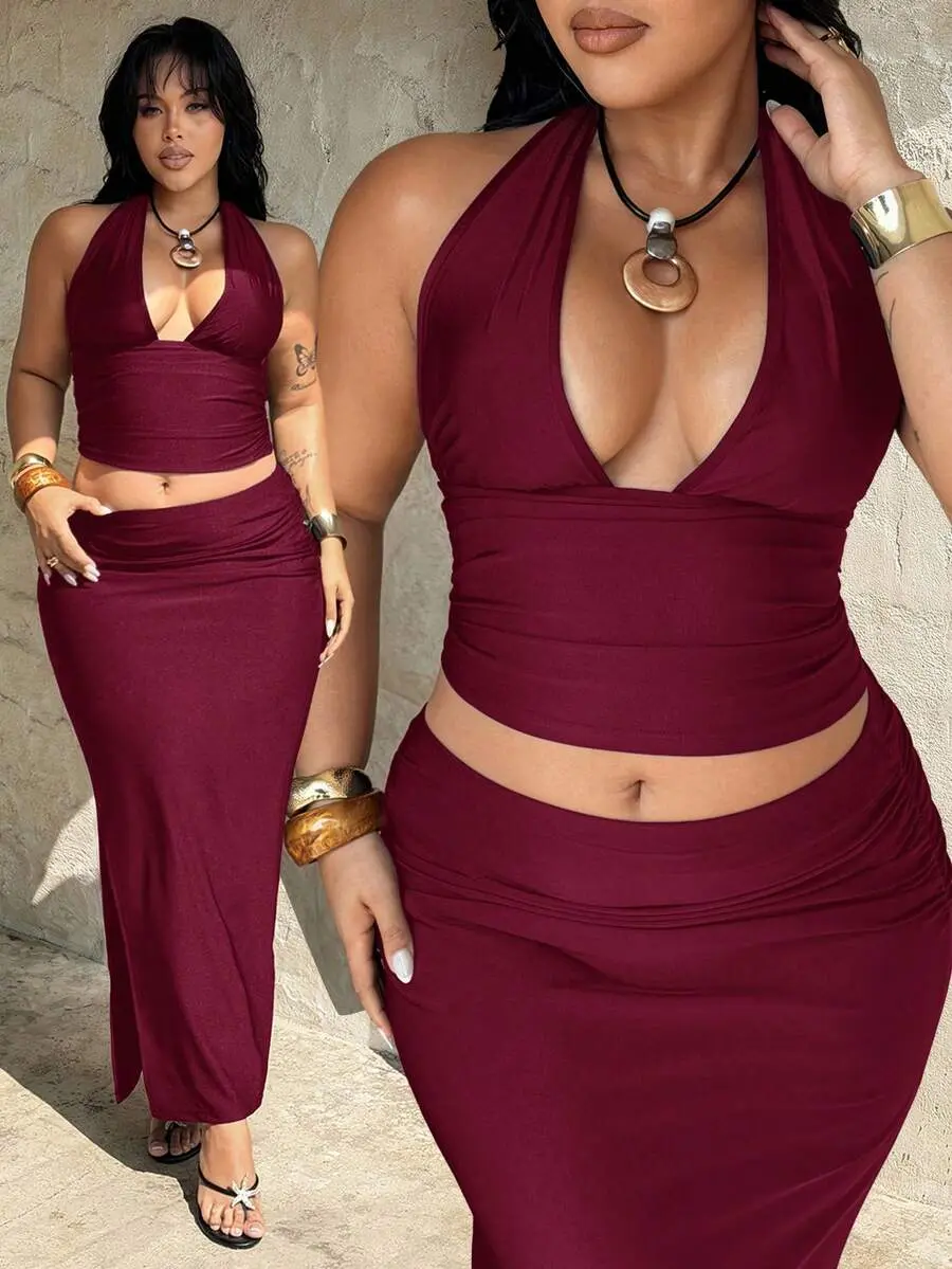 Plus Size Women 2pcs Set New Vintage Vacation Side Ruched Design V-Neck Sexy Backless Spaghetti Strap Cami Top, Regular Cami Top, Slim Waist Ruched Skirt, Regular Concert Club Skirt