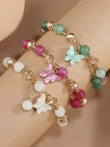 Elegant Beaded Butterfly Pendant Layered Bracelet Set for Women, Bohemian Style, Daily Wear, Perfect Holiday Gift, 3 Piece Set, Durable Metal Coating