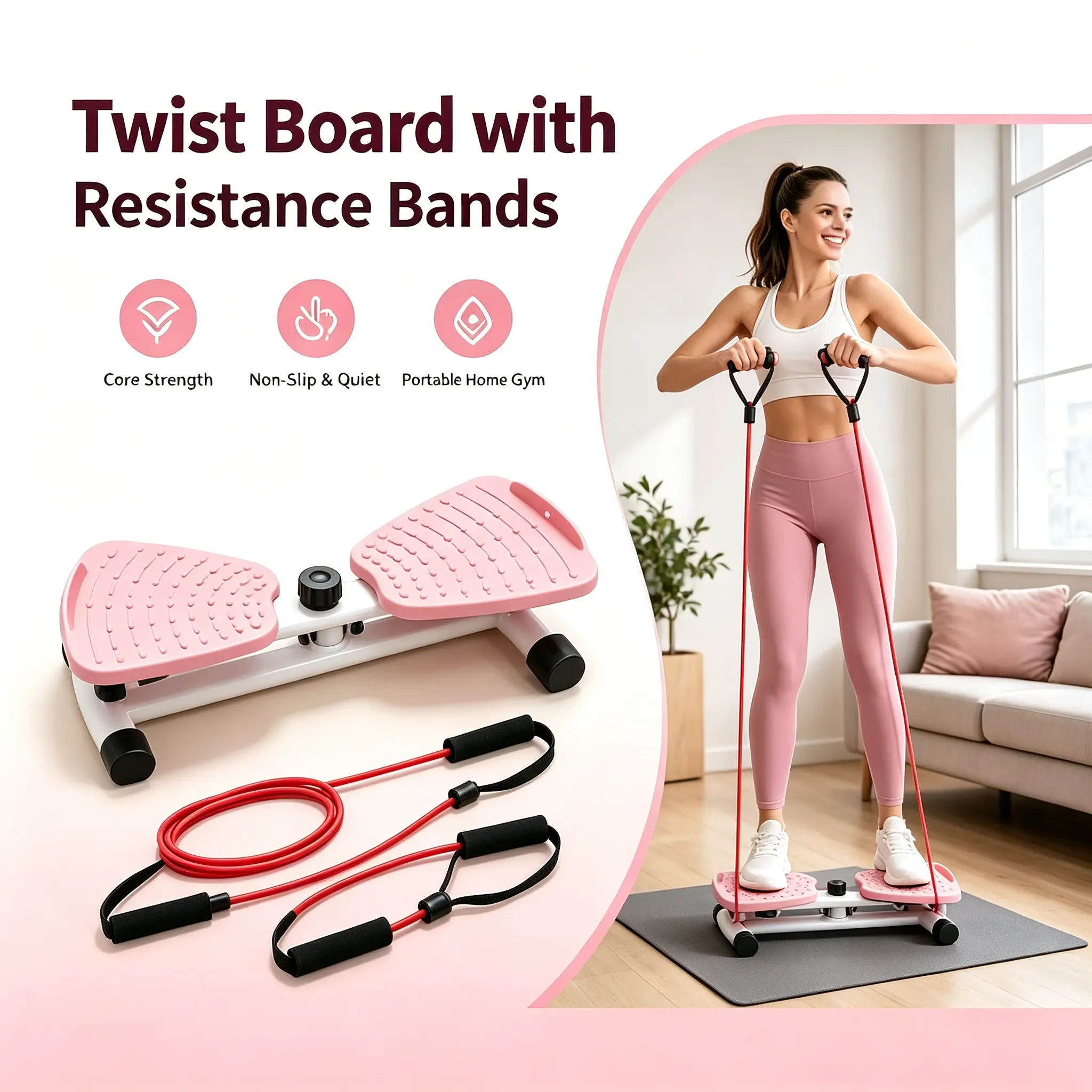 Non-Slip Quiet Twist Board with 2 Resistance Bands, Portable Women's Ab Trainer Waist Twister, Home Gym Balance Training Equipment for Beginners