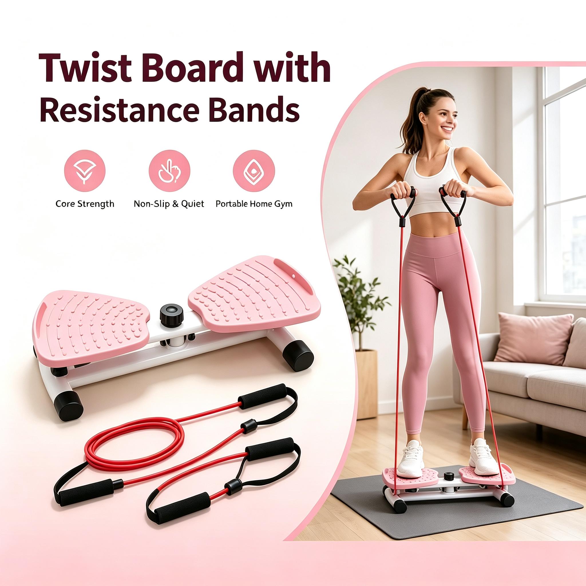 Women's Non-Slip Quiet Twisting Exercise Board - Functional Compact Auto-Return Ab Trainer Waist Twister with 2 Resistance Bands, Foot Massage, Space Saver Compact Exercise Equipment for Beginners (Indoor Fitness Equipment)