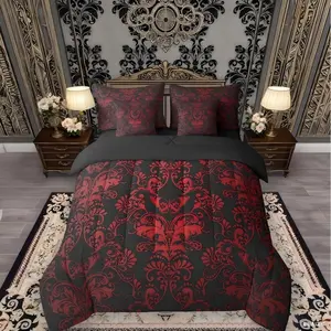 Feelyou 7-Piece Victorian Goth Damask Print Decorative Bedding Set - Red Black Floral Microfiber Set with Butterfly Skull Design, Machine Washable, Multi-Size Options
