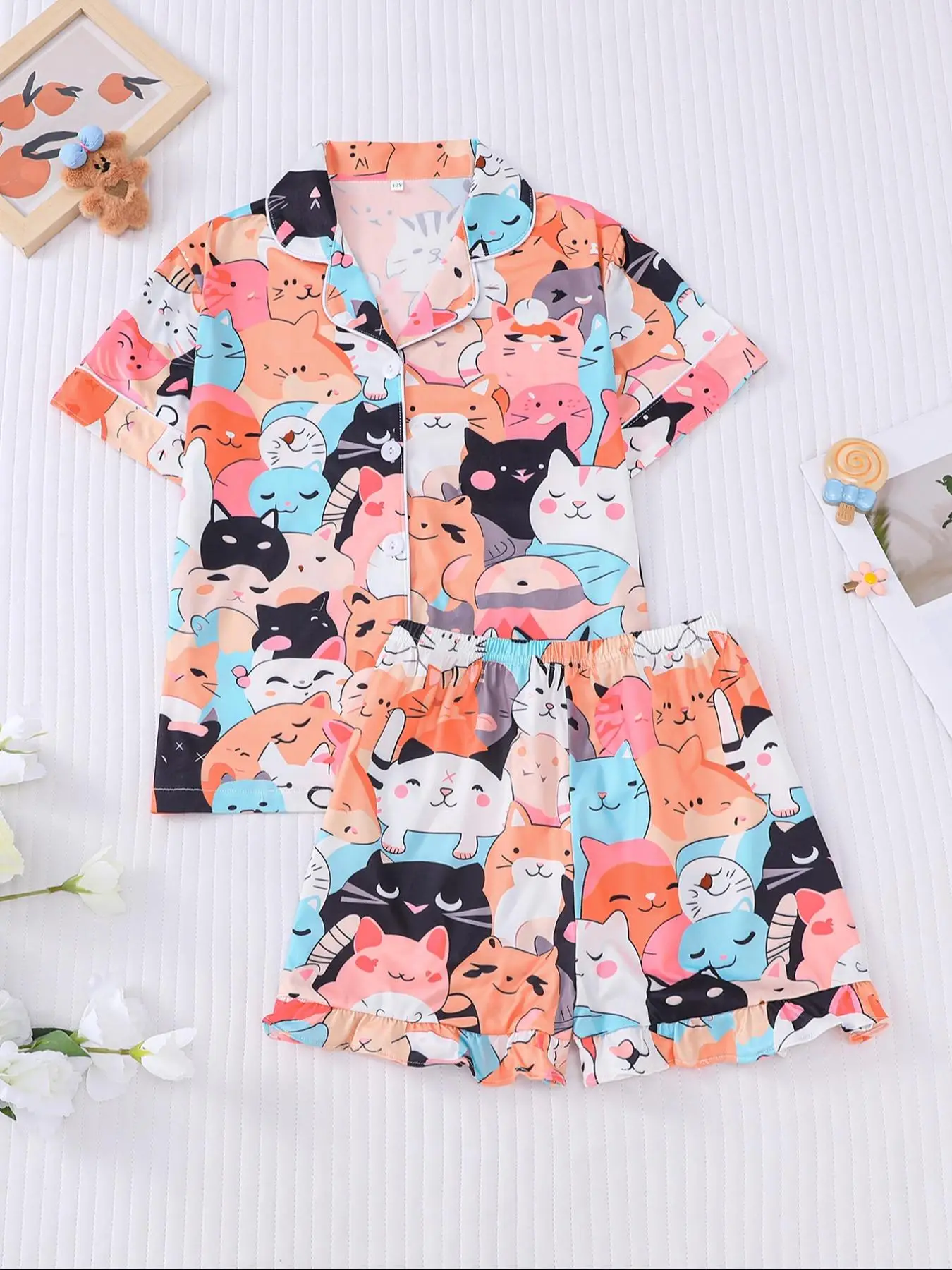 Girl's Cartoon Cat Print Lapel Neck Shirt & Shorts Two-piece Pajamas Set, Cute Casual Short Sleeve Top & Shorts, Kids Sleepwear for All Seasons