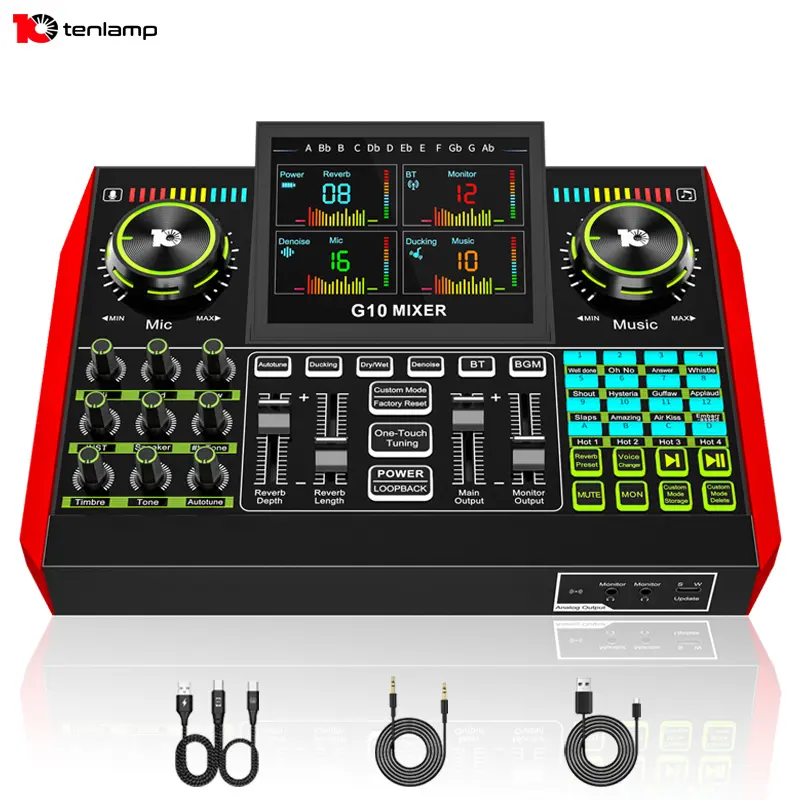 Tenlamp G10 Mixer Sound Card Set - Portable Audio Interface with Funny Sound Effects, Vocal Removal, Ducking Tech for TikTok Live, Gaming