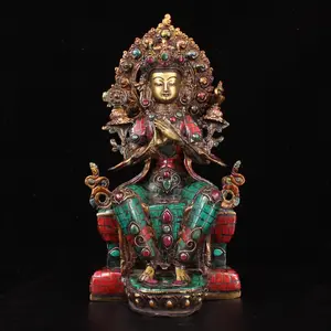 A0925 Tibetan Buddhism Gilt Gold Copper Inlay Turquoise & Gems Buddha Statue